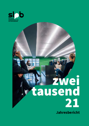 Cover des Jahresberichts der SLpB mit dem Titel "zweitausend21. Jahresbericht." Bei Klick Download des Jahresberichts als PDF.