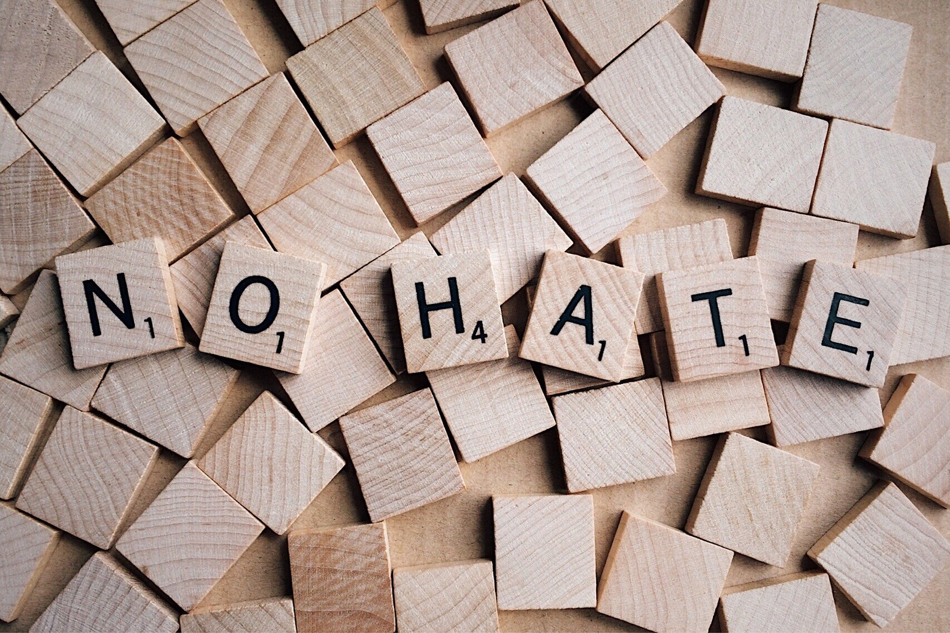 Aus Spielsteinen sind die Worte "no hate" gelegt.