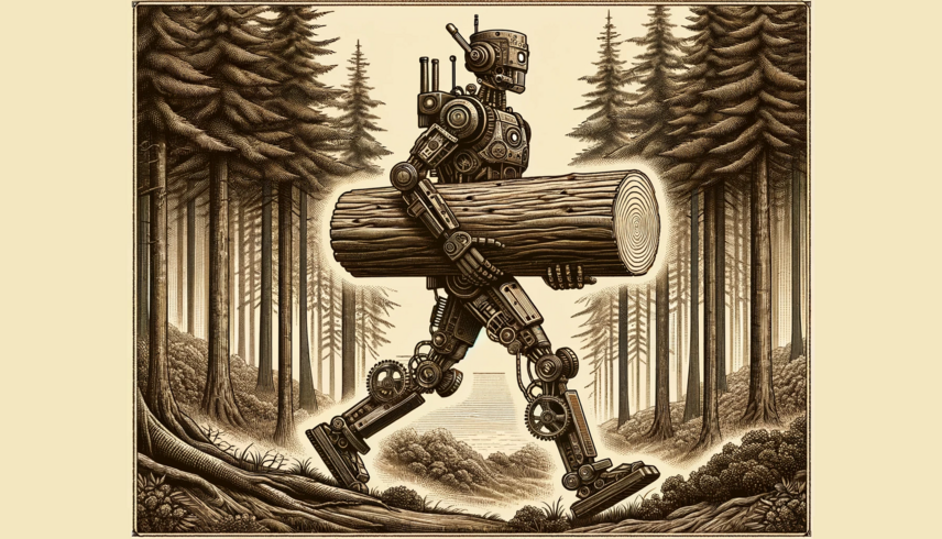 DALL-E: A robot carrying a log, in the style of a copper engraving, 16:9 format.
