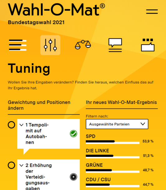 Beispielbild, welches die Funktion Tuning innerhelb des Wahl-O-Mats zeigt. 