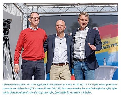 Schulterschluss Urbans mit den Flügel-Anführern Kalbitz und Höcke im Juli 2019. v.l.n.r.: Jörg Urban (Parteivorsitzender der sächsischen AfD), Andreas Kalbitz (bis 2020 Parteivorsitzender der brandenburgischen AfD), Björn Höcke (Parteivorsitzender der thüringischen AfD); Quelle: IMAGO/snapshot/F. Baillot.