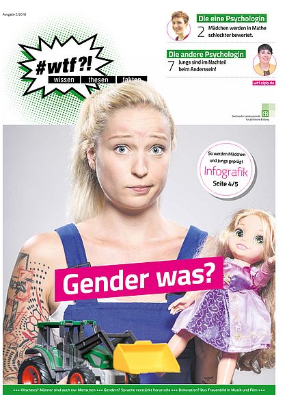 Cover des #wtf?!-Magazins Ausgabe 2/2018 mit dem Titel "Gender was?" Themen: "Die eine Psychologin: Mädchen werden in Mathe schlechter bewertet."; "Die andere Psychologin: Jungs sind im Nachteil beim Anderssein!"; "So werden Mädchen und Jungs geprägt. Infografik."; "Klischees? Männer sind auch nur Menschen"; "Gendern? Sprache verstärkt Vorurteile"; "Dekoration? Das Frauenbild in Musik und Film".