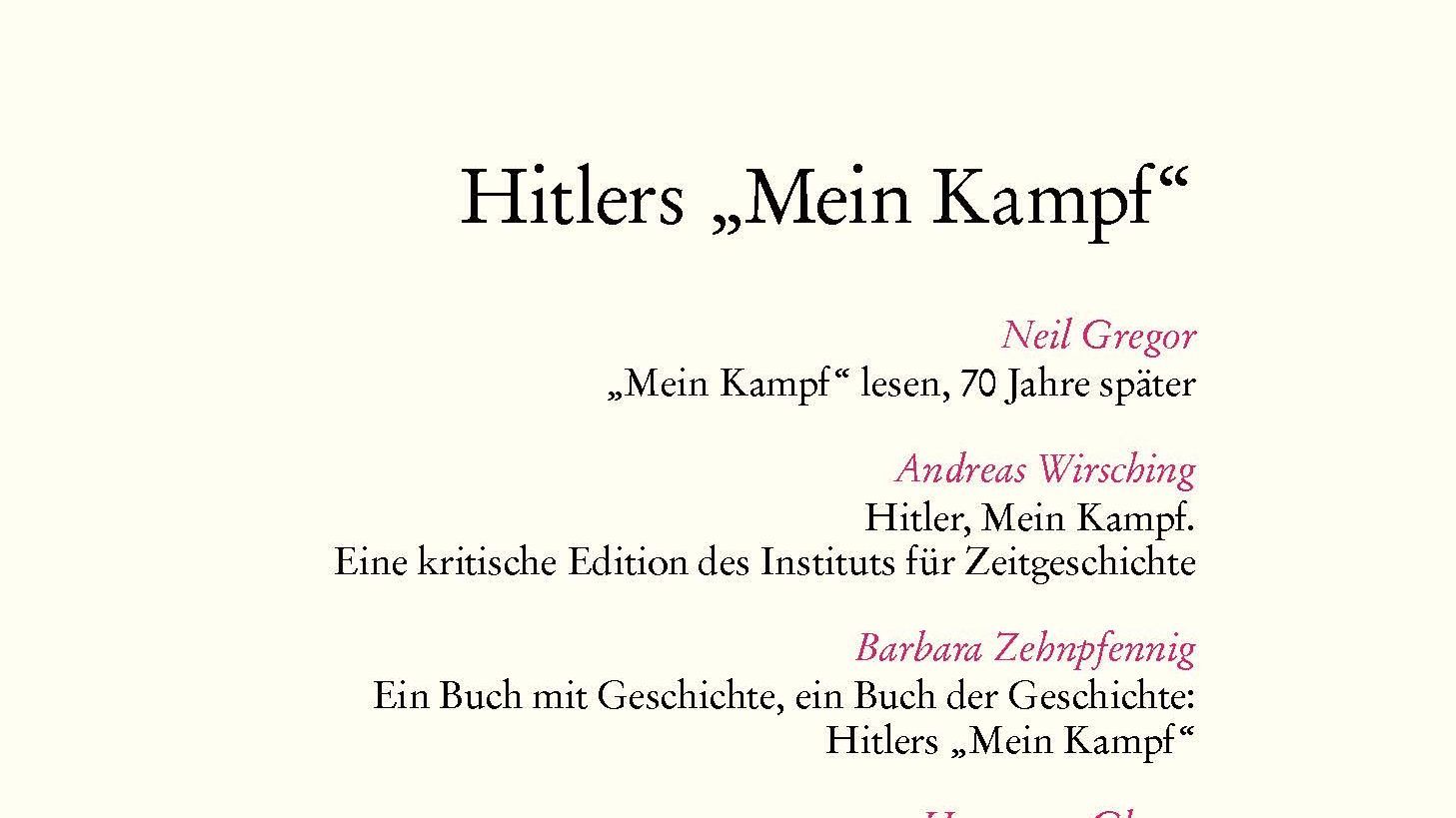 APuZ 2015 43/44 Cover der Zeitschrift "Aus Politik und Zeitgeschichte", 65. Jahrgang, Ausgabe 43/44 2015, 19. Oktober 2015. Herausgegeben von der Bundeszentrale für polische Bildung, Beilage zur Wochenzeitung "Das Parlament". Das Titelthema ist "Hitlers 'Mein Kampf'". Beiträge: "Mein Kampf", lesen, 70 Jahre später von Neil Gregor; Hitler, mein Kampf. Eine kritische Edition des Instituts für Zeitgeschichte von Andreas Wirsching; Ein Buch mit Geschichte, ein Buch der Geschichte: Hitlers "Mein Kampf" von Barbara Zehnpfennig; Zur Mentalitätsgeschichte des Nationalsozialismus - Ein Weg, um den Erfolg von "Mein Kampf" zu verstehen von Hermann Glaser; NS-Propaganda im bndesdeutschen Rechtsextremismus von Gideon Botsch und Christoph Kopke; NS-Propaganda und historisches Lernen von Thomas Sandkühler.