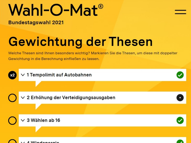 Gewichtung Ein Beispielbild, in dem die Gewichtung des Wahl-O-Mats verdeutlicht wird.