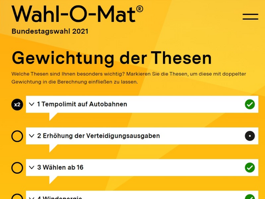 Ein Beispielbild, in dem die Gewichtung des Wahl-O-Mats verdeutlicht wird.