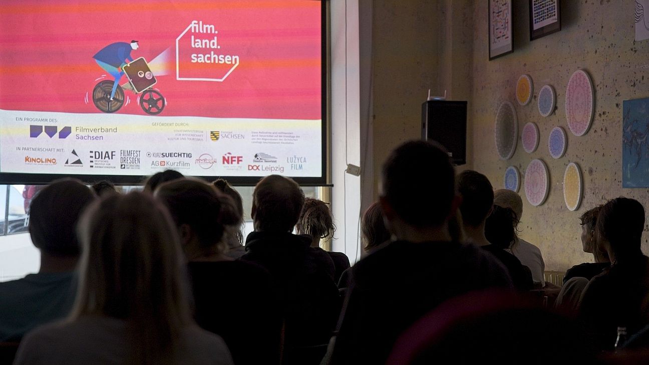 im vordergrund sieht man das Publikum zugewandt der im hintergrund befindlichen filmleinwand.