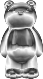 Foto des silbernen Erklärbären, eine silberne Plastefigur in Form eines Bären.