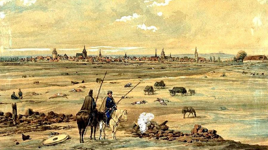 Blick von der Quandtschen Tabacksmühle über das Schlachtfeld auf Leipzig, Gemälde von Ernst Wilhelm Straßberger, Stadtgeschichtliches Museum Leipzig, gemeinfrei Verlinkung zu Die Völkerschlacht bei Leipzig