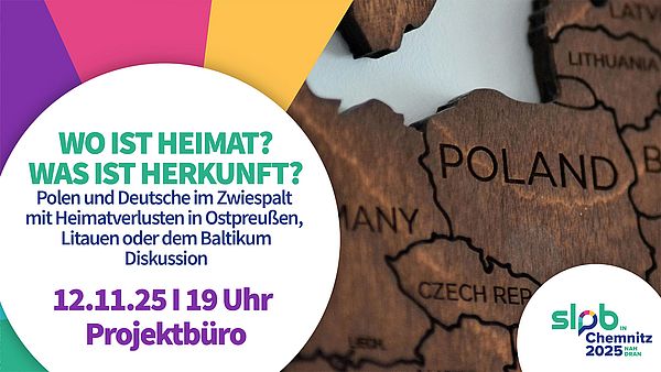 Holzkarte mit Ausschnitt von Polen, Deutschland und Tschechien, daneben bunte Kreissegmente und Text zu einer Diskussion am 12.11.25 um 19 Uhr im Projektbüro.