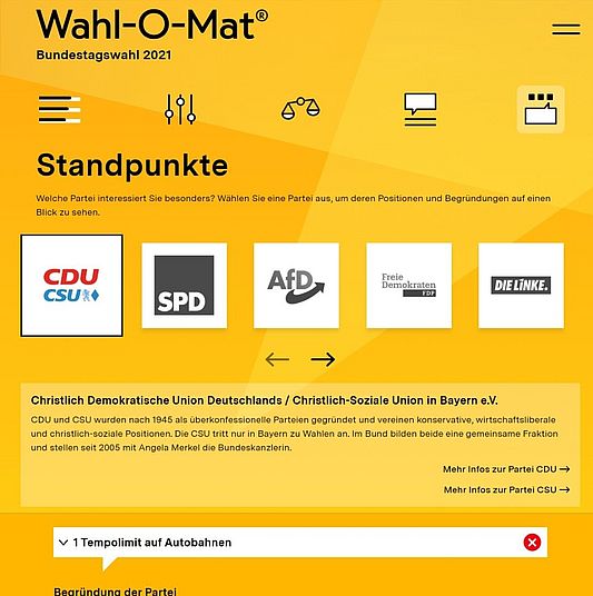 Beispielbild aus dem Bereich "Standpunkte" des Wahl-O-Mat.