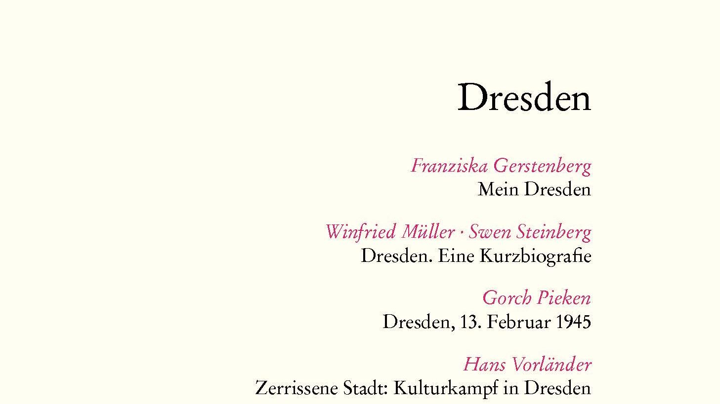 Cover APuZ 2016/05/07 Titelseite der Publikation 'APuZ – Aus Politik und Zeitgeschichte', eine Beilage zur Wochenzeitung 'Das Parlament', Ausgabe 5–7/2016 vom 1. Februar 2016. Auf dem weißen Hintergrund prangt der Titel 'APuZ' in großen, grauen Lettern am oberen Rand und darunter der Zusatz 'Aus Politik und Zeitgeschichte' in kleineren Buchstaben, neben dem Logo der 'bpb'. Es folgt eine Liste von Artikelüberschriften und Autorennamen zum Thema 'Dresden': 'Mein Dresden' von Franziska Gerstenberg, 'Dresden. Eine Kurzbiografie' von Winfried Müller und Sven Steinberg, 'Dresden, 13. Februar 1945' von Gorch Pieken, 'Zerrissene Stadt: Kulturkampf in Dresden' von Hans Vorländer, 'Stadtgespräche. Politische Bildung als Seelsorge' von Frank Richter und 'Einblicke in die Dresdner Fußballseele' von Frank Willmann. Bei Klick vergrößert sich das Bild.