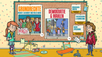 Pinnwand Spielinhalte Eine Pinnwand, die die verschiedenen spielbaren Module zeigt (Stand März 2024). Demnach ist spielbar: "Grundrechte. Freiheit, Gleichheit und vieles mehr" und "Demokratie und Wahlen". Demnächst spielbar: "Sächsischer Landtag", "Rechtsprechung", "Staatsregierung & Verwaltung". Bei Klick Vergrößerung des Bildes.
