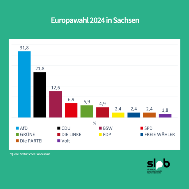 Ergebnisse der Europawahl in Sachsen, dargestellt in einem Balkendiagramm. Die Ergebnisse: AfD: 31,8%, CDU: 21,8%, BSW: 12,6%, SPD: 6,9%, Grüne: 5,9%, Die Linke: 4,9%, FDP: 2,4%, Freie Wähler: 2,4%, Die Partei: 2,4%, Volt: 1,8%. Dazu der Hinweis auf die Quelle: Statistisches Bundesamt.