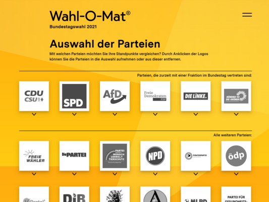 Ein Beispielbild, welches das Parteienauswahlmenü des Wahl-O-Mats zeigt.