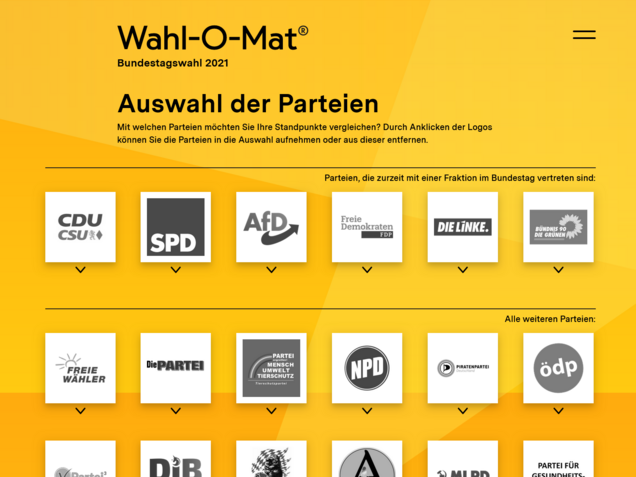 Parteienauswahl Ein Beispielbild, welches das Parteienauswahlmenü des Wahl-O-Mats zeigt.