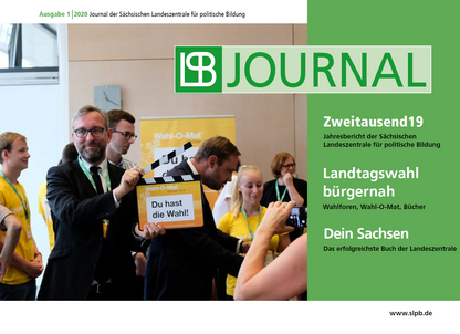 Cover des SLpB-Journal (Ausgabe 1 2020) mit den Themen "Zweitausend19 - Jahresbericht der Sächsischen Landeszentrale für politische Bildung"; "Landtagswahl bürgernah - Wahlforen, Wahl-O-Mat, Bücher"; "Dein Sachsen - Das erfolgreichste Buch der Landeszentrale". Bei Klick Download des Jahresberichts als PDF.