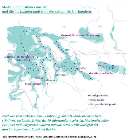 Landkarte Marken und Bistümer um 970, inklusive dem Text: "Nach der sächsisch-deutschen Eroberung von 929 wurde die neue Herrschaft erst im letzten Drittel des 10. Jahrhunderts gefestigt. Markgrafschaften, Bistümer und Burgwarde bildeten nun das strukturelle Rückgrat der durchdringenden Hoheit des Reichs." Die Karte öffnet sich bei Klick vergrößert.