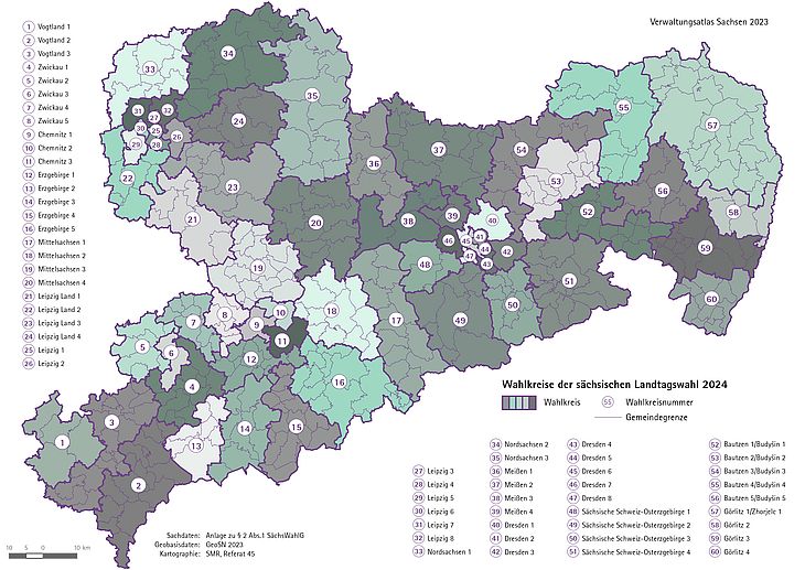 Karte mit allen sächsischen Landtagswahlkreisen. Details siehe Tabelle unter dem Bild