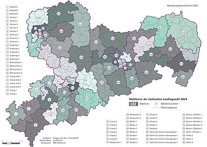 Wahlkreiseinteilung LTW Sachsen 2024 Karte mit allen sächsischen Landtagswahlkreisen. Details siehe Tabelle unter dem Bild