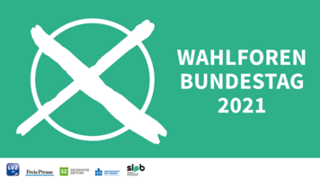 Zu sehen ist ein grünes Bild mit einem großen weißen Kreuz in einem Kreis links und dem Text "WAHLFOREN BUNDESTAG 2021" rechts. Am unteren Rand befinden sich Logos von verschiedenen Organisationen: LVZ.de, Freie Presse, Sächsische Zeitung, Hochschule Mittweida, und SLPB (Sächsische Landeszentrale für politische Bildung).  Bei Klick Weiterleitung auf die Veranstaltungsseite der Wahlforen.
