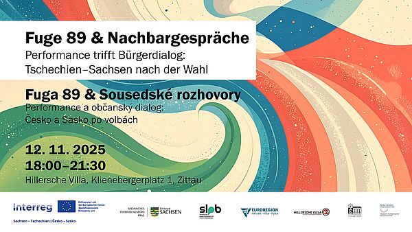Farbenfrohes abstraktes Muster mit geschwungenen Linien in Blau, Grün, Rot und Beige. Text zu Veranstaltung 'Fuge 89 & Nachbar­gespräche' am 12.11.2025, 18:00–21:30, Hillersche Villa, Zittau.