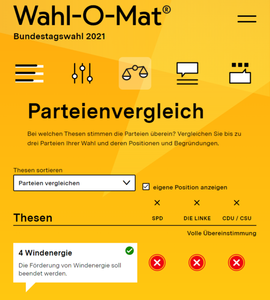 Beispielbild, welches die Funktion "Parteienvergleich" im Wahl-O-Mat zeigt.