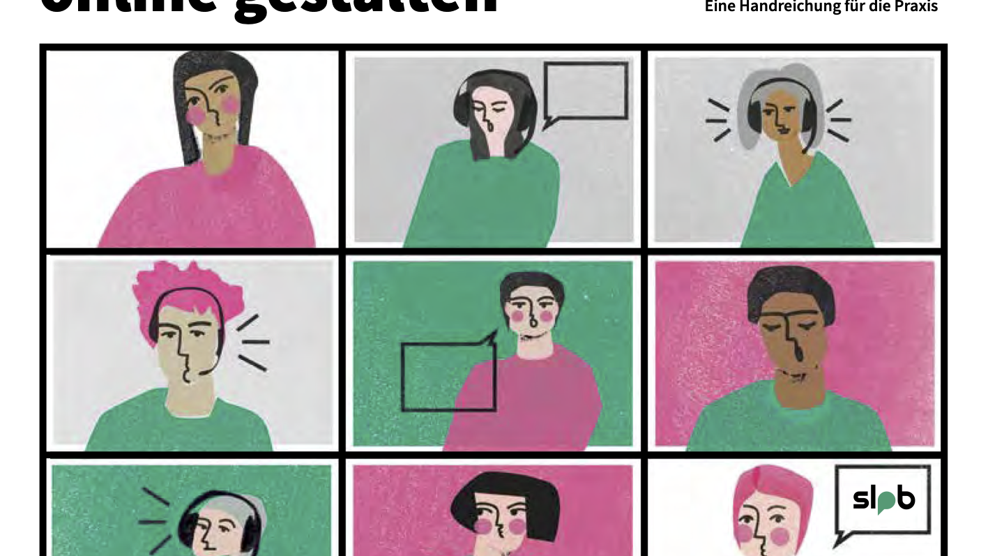 Bürgerdebatten Broschüre Das Bild zeigt das Cover eines Dokuments oder einer Publikation mit dem Titel "Bürgerdebatten online gestalten". Unter dem Titel steht "Eine Handreichung für die Praxis". Das Cover-Design besteht aus mehreren quadratischen Panels, die stilisierte Personen in unterschiedlichen Farben und mit verschiedenen Ausdrücken zeigen. Unten rechts auf dem Cover befindet sich das Logo "slpb". Bei Klick vergrößert sich das Bild.