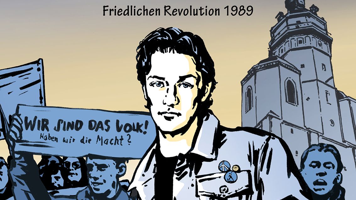 Herbstder Entscheidung Sachsen Cover der Graphic Novel mit dem Titel: "Herbst der Entscheidung. Eine Geschichte aus der Friedlichen Revolution 1989." Zu sehen ist neben dem Protagonisten eine demonstrierende Menschenmenge vor der Nikolaikirche in Leipzig. Ein Mensch hält ein Schild in die Höhe mit der Aufschrift "Wir sind das Volk! Haben wir die Macht?". Die Grahpic Novel ist von PM Hoffmann und Bernd Lindner, verlegt von der Sächsischen Landeszentrale für politische Bildung.