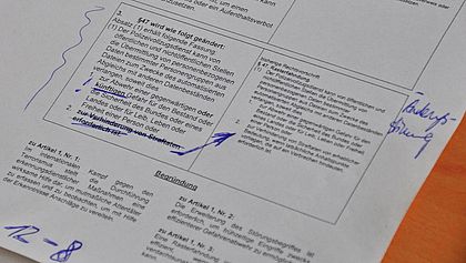 Zu sehen ist ein Dokument mit handschriftlichen Anmerkungen. Der Text beschreibt eine Änderung von §47, die den Polizeivollzugsdienst betrifft. Es sind Absätze zu Artikel 1, Nr. 1 sowie eine Begründung zu sehen. Die Änderungen betreffen Maßnahmen zur Abwehr von Gefahren und zur Verhinderung von Straftaten. Es gibt handschriftliche Markierungen und Ergänzungen in blauer Tinte, unter anderem das Wort "künftigen" und eine geschwungene Linie. Bei Klick vergrößert sich das Bild.