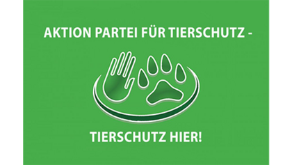 Logo mit der Aufschrift "Aktion Partei für Tierschutz - Tierschutz hier!"