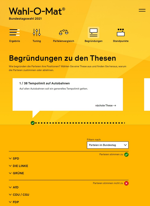 Begründungen der Parteien Ein Beispielbild, welches den Abschnitt des Wahl-O-Mats zeigt, in dem Parteien ihre Positionen begründen..