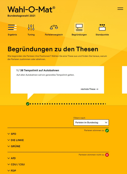 Ein Beispielbild, welches den Abschnitt des Wahl-O-Mats zeigt, in dem Parteien ihre Positionen begründen..
