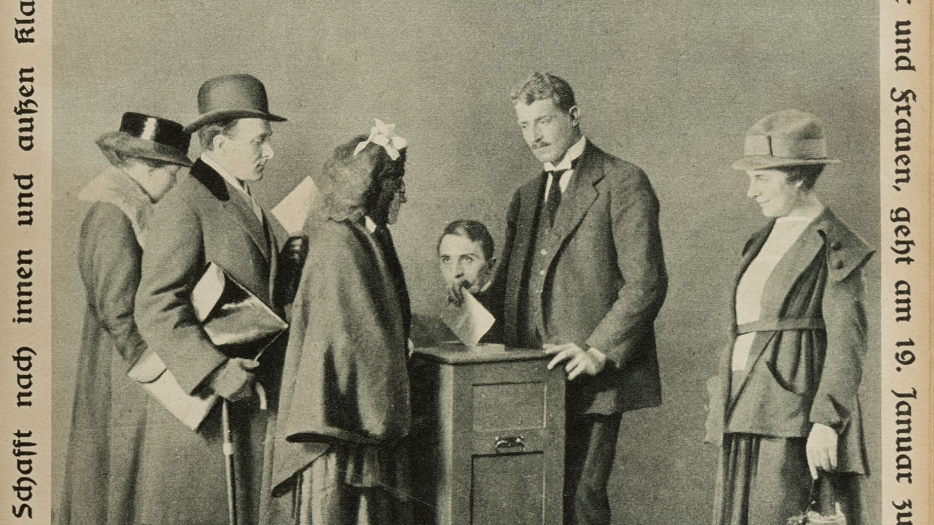 Wahlaufruf auf der Titelseite des Illustrierten Blatts, Januar 1919: „Deutsche! Schafft nach innen und außen Klarheit.“, Bild: Horst Ziegenfusz Historisches Museum Frankfurt, Wikimedia, creative commons Verlinkung zu Weimarer Verfassungssystem