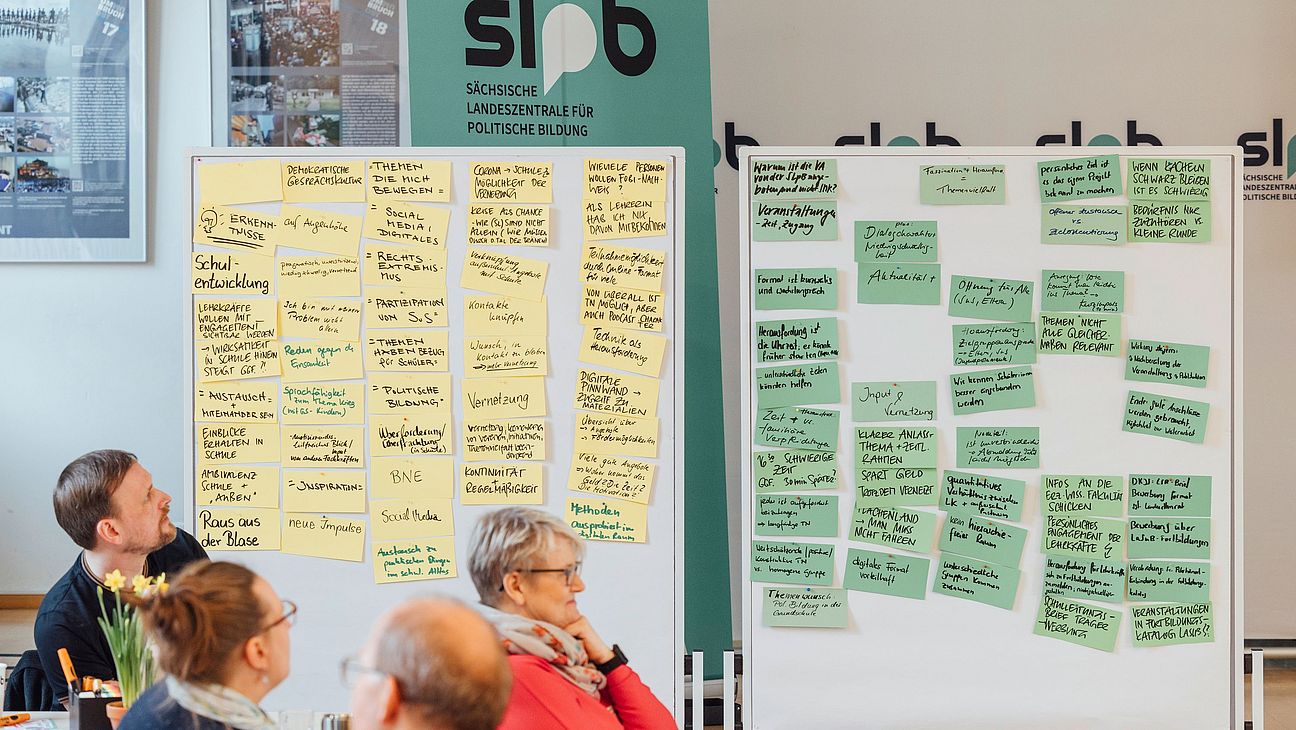 KilligBild Mehrerer Personen sitzen vor zwei Moderationswänden, an denen Karten angepinnt sind. Dahinter ein Banner der slpb.