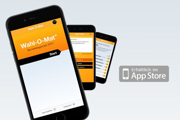 Ein Smartphone, auf dem die Wahl-O-Mat-App geöffnet ist. Bei Klick öffnet sich ein Link zum Appstore von Apple.