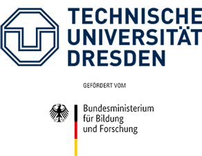 Zu sehen ist ein Logo der Technischen Universität Dresden. Oben befindet sich das Symbol der Universität, ein blaues, achteckiges Symbol mit einem stilisierten "T" und "U". Rechts daneben steht der Text "TECHNISCHE UNIVERSITÄT DRESDEN" in blauen Großbuchstaben. Darunter steht der Text "Gefördert von" in kleinerer schwarzer Schrift. Darunter ist das Logo des Bundesministeriums für Bildung und Forschung zu sehen, bestehend aus dem Bundesadler, dem Text "Bundesministerium für Bildung und Forschung" und einem schwarz-rot-gelben Balken. Bei Klick Weiterleitung auf die Website der TU.